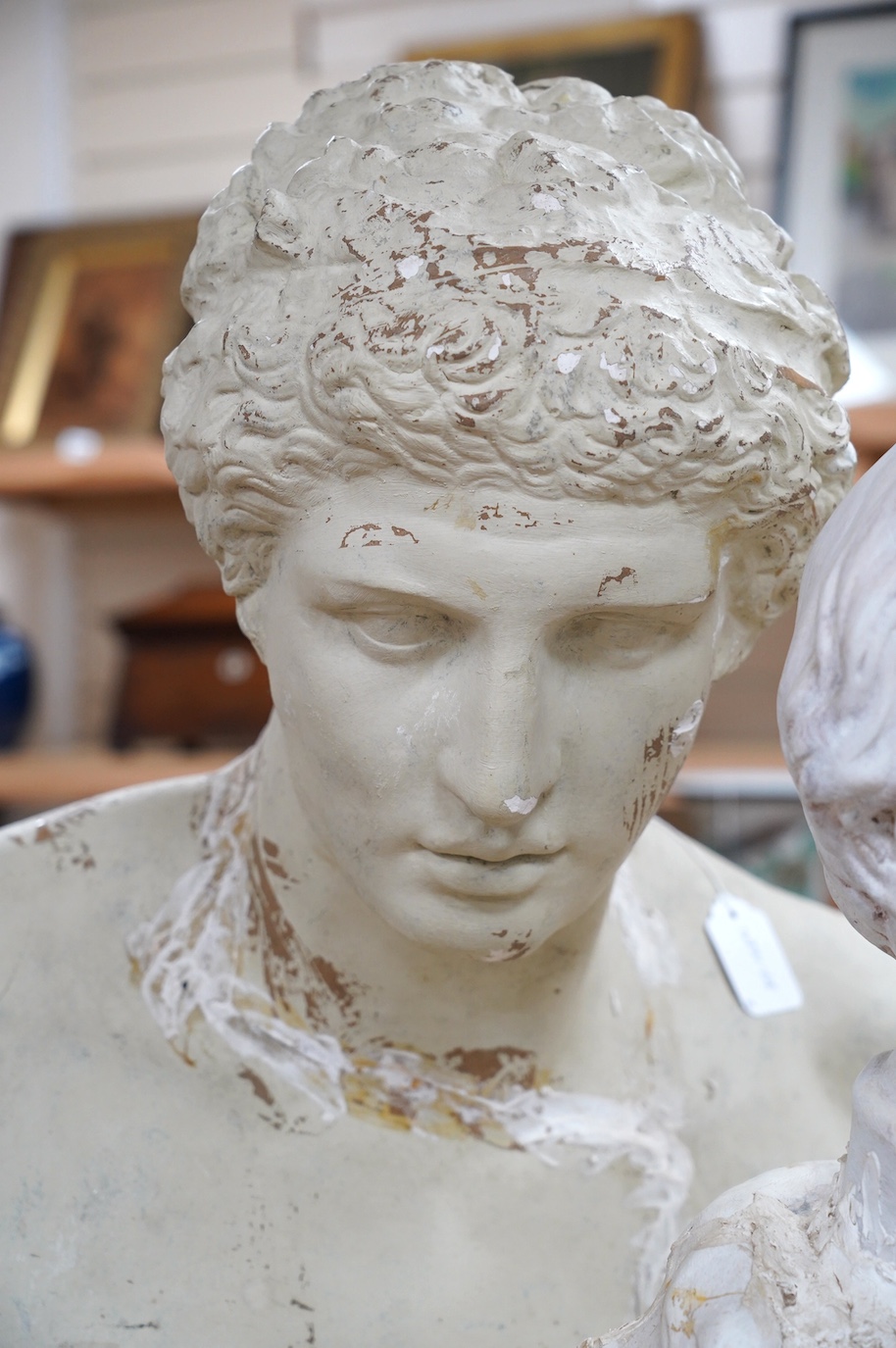 A large plaster classical bust and another, tallest 82cm high. Condition - poor